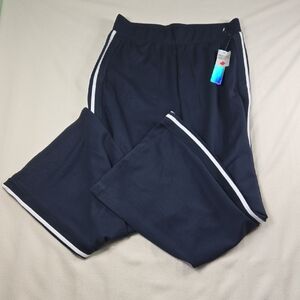 Shaped Navy Blue Track Pants with White Stripes, Wide Leg